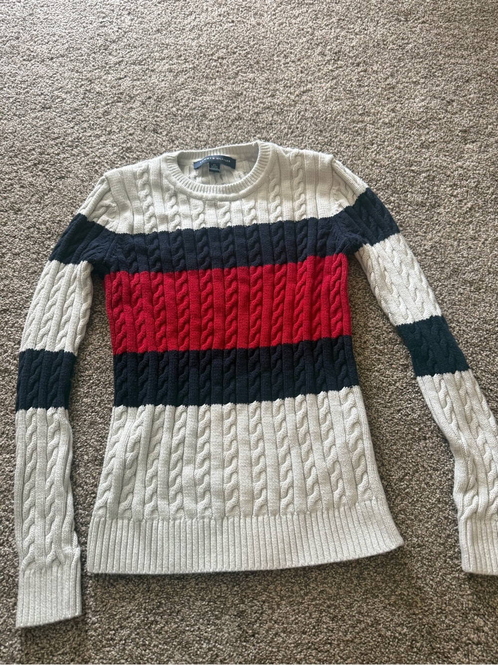 Tommy Hilfiger Cable Knit Crewneck Sweater - Red, Navy & Cream
